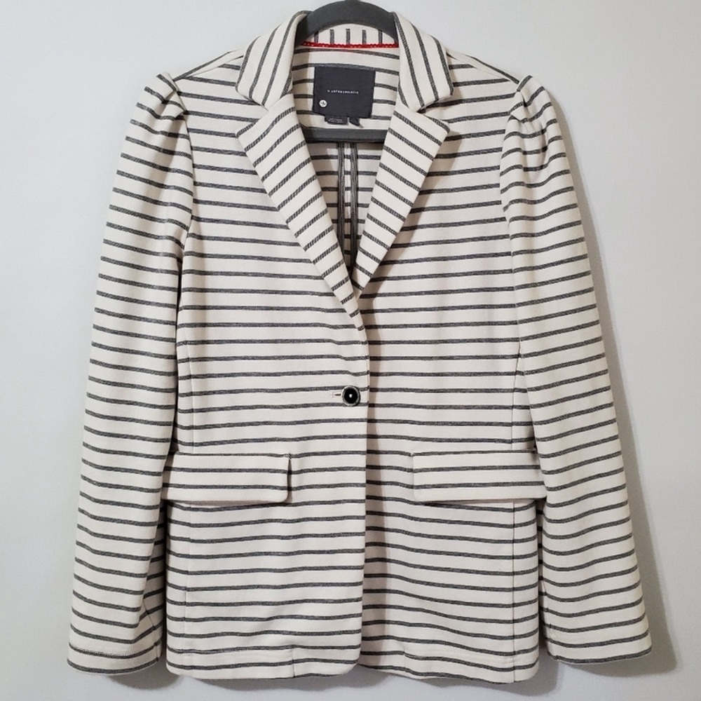 Anthropologie Blazer- Light Cream with Dark Charcoal Stripes Blazer Size Medium